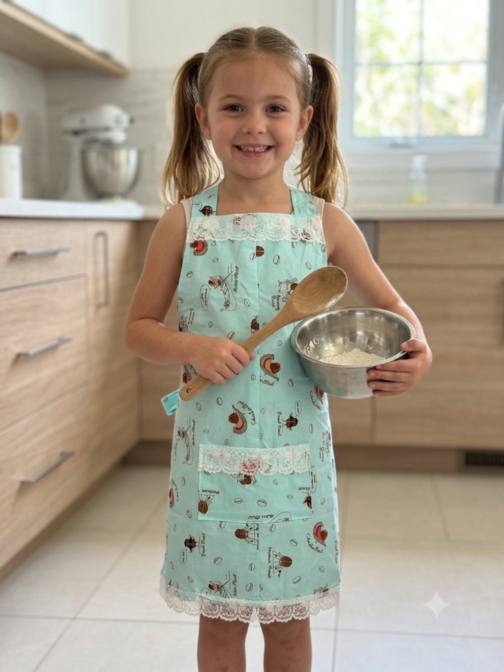 2097 - Vintage-Style Lace Trim Apron in Light Aqua